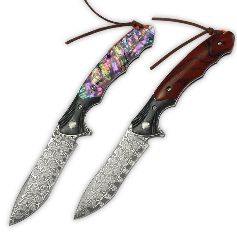 Outdoor Folding Knife Damascus Steel Color Shell Rosewood
